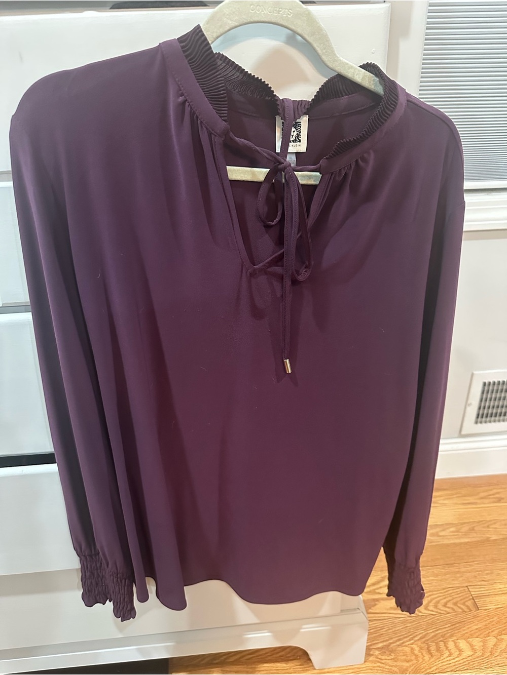 Anne Klein Deep Plum Tie-Neck Long Sleeve Blouse